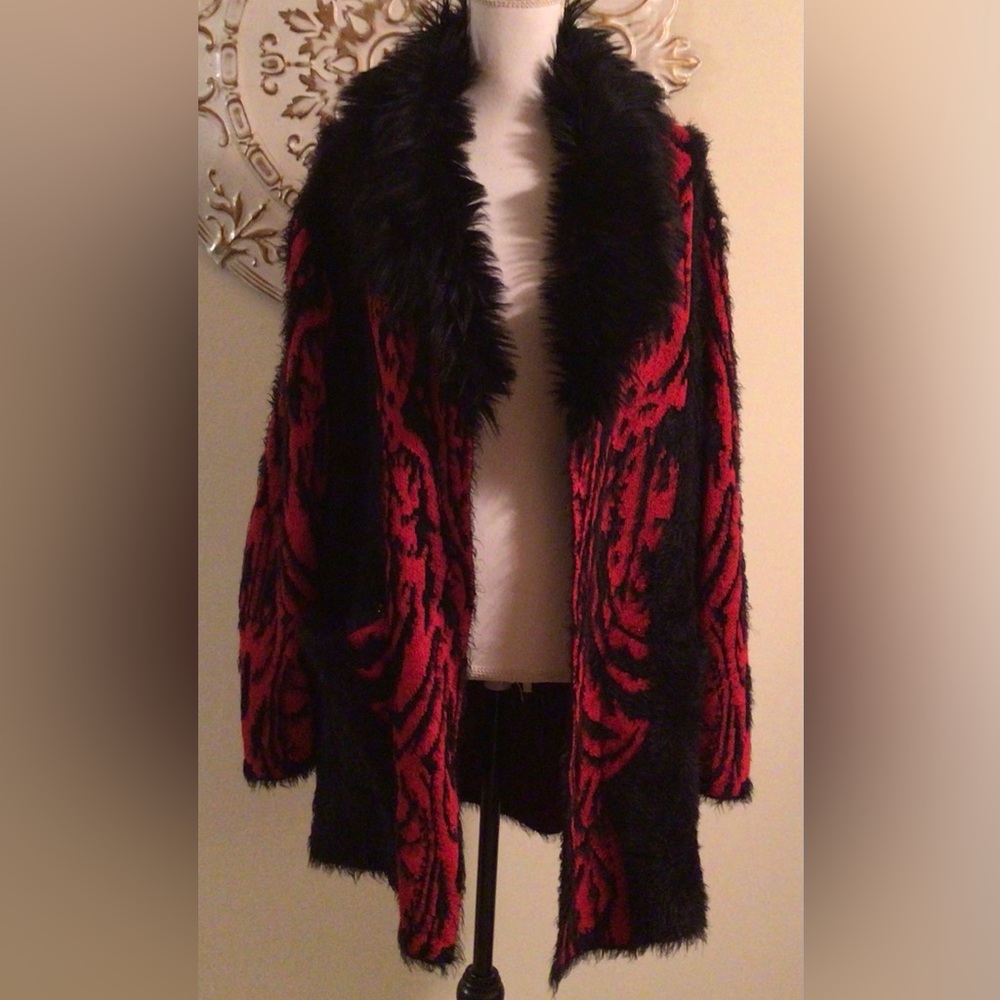 Black Rivet Red and Black Fuzzy Long Cardigan Sz XL